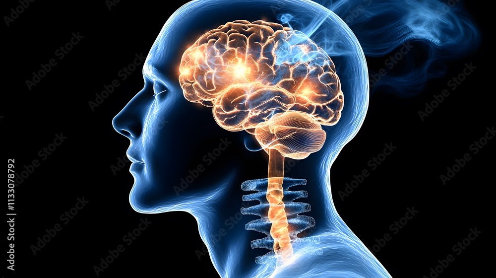 Poster Conceptual Illustration of a Human Brain Signaling Activity with Neon Light Effects Representing Neurological Processes and Cognitive Functions