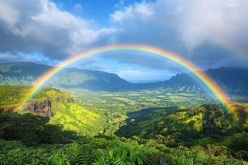 Fototapeta premium Wide shot of a rainbow over a lush valley after a rainstorm, vibrant colors contrasting with green landscape, no people, focus on environmental beauty, high-definition landscape
