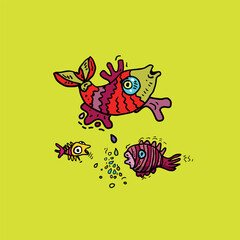 Illustration of funny cartoon fish characters