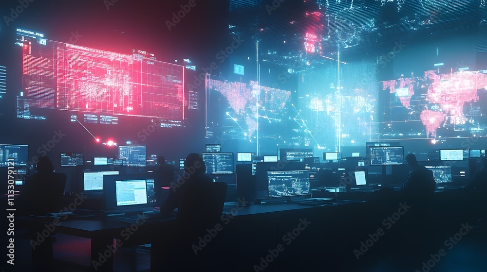 Poster global network security operations center team monitoring data
