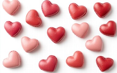 Obraz premium Red and pink macarons shaped like hearts displayed creatively on a bright white background