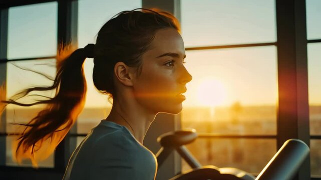 Woman athlete running on a treadmill at a gym, soaking in the beautiful sunset glow coming through the windows out at gym, doing fitness exercises. healthy concept