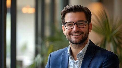 Fototapeta premium Portrait of a Smiling Man Wearing Glasses and a Suit