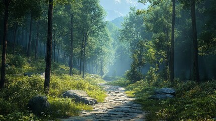 Obraz premium Misty evergreen forest landscape with rolling hills covered in fog, serene atmosphere, lush green nature, dramatic weather conditions creating a tranquil and mysterious scene in a remote wilderness se