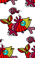 Obraz premium Seamless pattern with funny cartoon fish characters