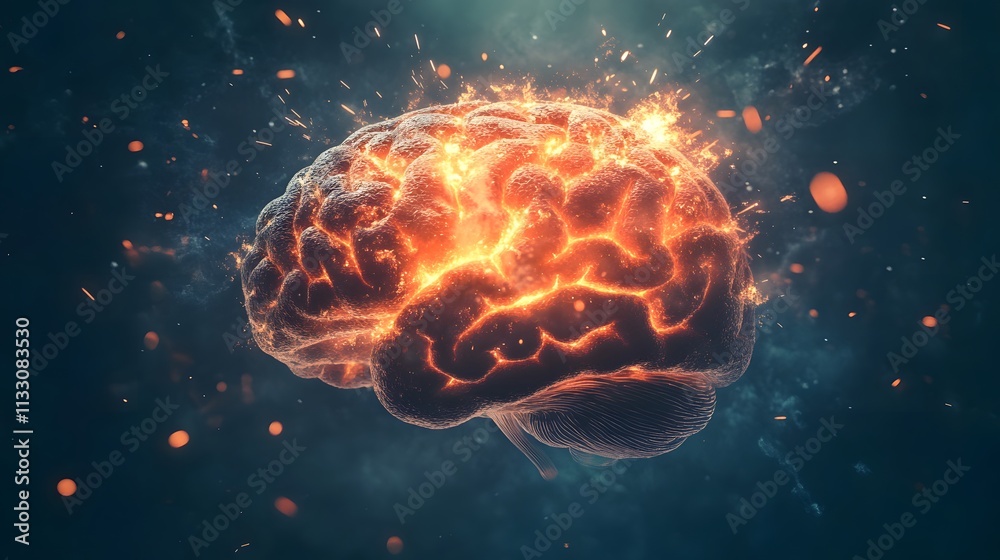 Poster abstract representation of a human brain illuminated with bright bursts of light and energy on a dar