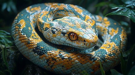 Fototapeta premium small snake with intricate patterns, surrounded by lush green foliage, photorealistic detail