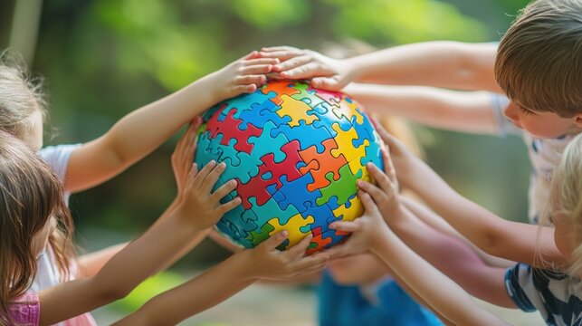 Children Holding Hands Around the Globe with colorful puzzle pieces - Powered by Adobe