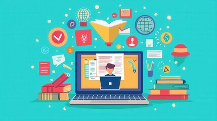 Fototapeta premium Student Engaged in Online Learning Through Educational Platforms with Various Learning Tools and Resources