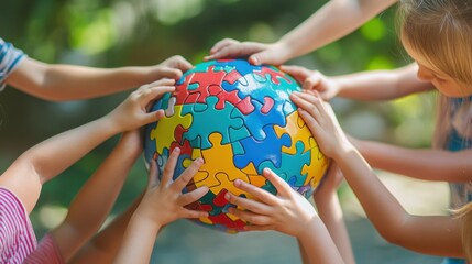 Children Holding Hands Around the Globe with colorful puzzle pieces