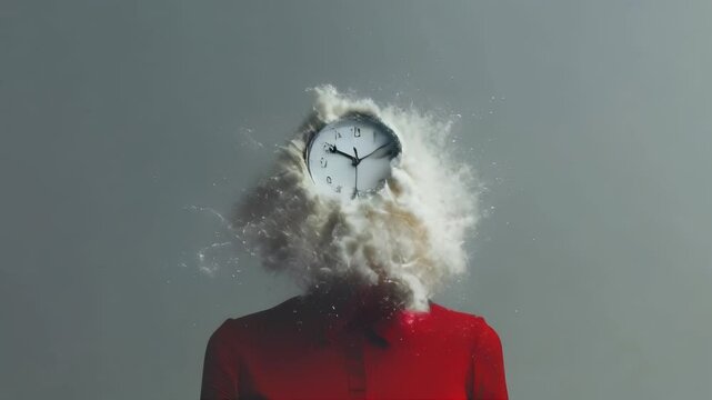 A clock explodes into dust around a woman's head, symbolizing time pressure and deadlines.. AI Generation