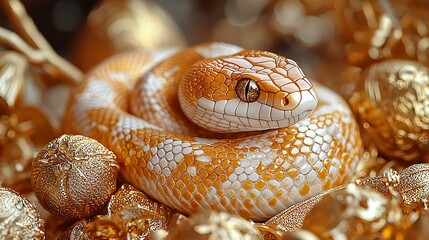 Fototapeta premium Elegant small snake resting on a golden '2025,' surrounded by luxurious New Year elements
