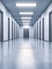Fototapeta premium A long, narrow corridor with multiple doors on either side, illuminated by bright overhead lights, creating a modern and minimalistic atmosphere.