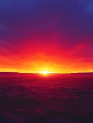 Fototapeta premium A breathtaking sunset over a tranquil landscape, showcasing vibrant hues of orange, red, and purple as the sun dips below the horizon, creating a serene atmosphere.