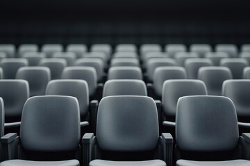 Fototapeta premium A symmetrical row of empty theater seats, conveying a sense of anticipation and stillness in a darkened space.