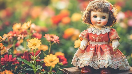 Fototapeta premium Vintage doll in a flower garden.