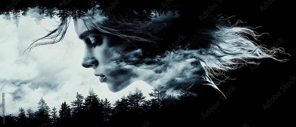 Poster ethereal portrait of a young woman merging with nature in a dreamlike landscape of trees and soft cl