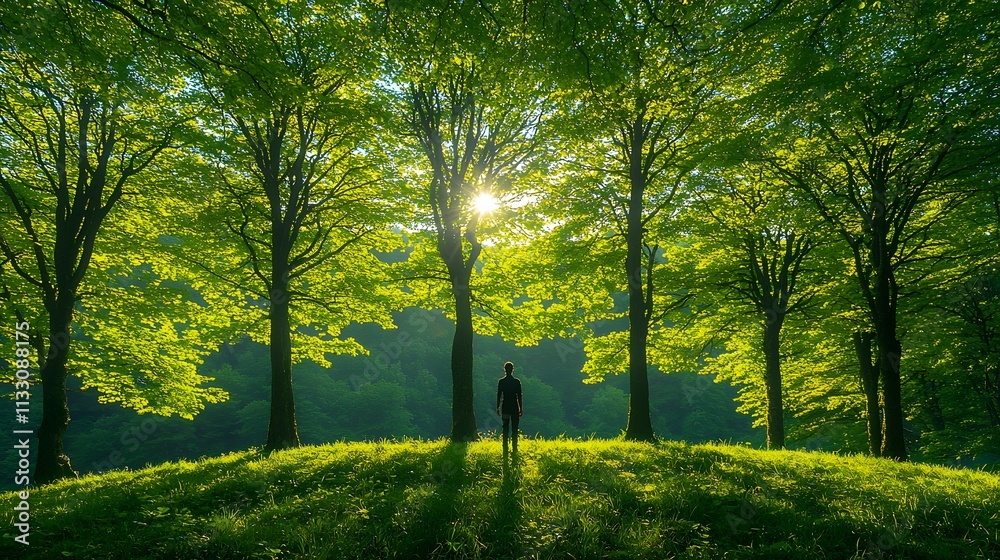 Poster serene forest scene with lush green trees and a person standing in sunlight, capturing the essence o