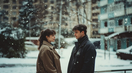a couple looking each other in the snow