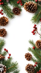 Composition showcases winter tree branches, pinecones, and berries arranged elegantly on a white background, ideal for seasonal messages