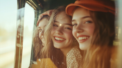 girls smiling in the train