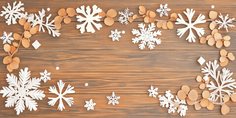 Wooden planks rustic holiday design with snowflakes plant garlands