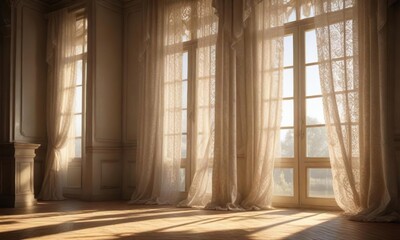 Sunlight filtering through lace curtains in an old room, lace curtains, classic style,