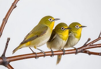 Fototapeta premium Three small, yellow-and-green birds sit on a branch.
