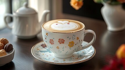 Fototapeta premium Intricate Coffee Foam Art in Stylish Café Setting