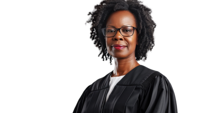 African middle age female judge on white background
