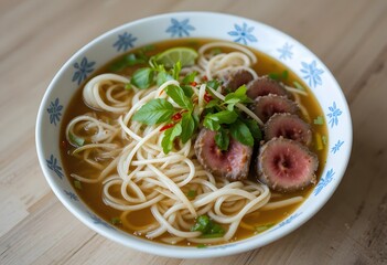 Delicately Arranged Bowl of Pho with Rare Beef and Fresh Herbs Created with Generative AI