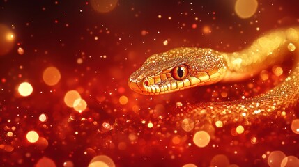 Fototapeta premium Golden snake of shimmering gold particles celebrates chinese new year against a red background