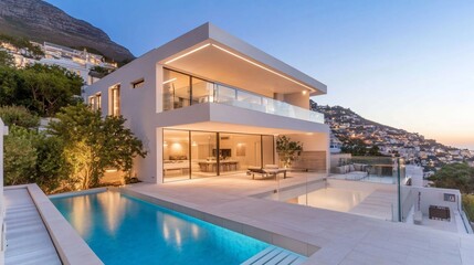 Fototapeta premium Modern villa with a pool at sunset, showcasing elegant design.