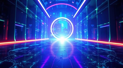 Obraz premium Futuristic neon tunnel with vibrant blue and purple lights, creating a sci-fi atmosphere.
