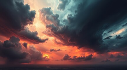 Dramatic sky with dark clouds and sunlight breaking through, ideal for conveying mood or weather concepts.

 