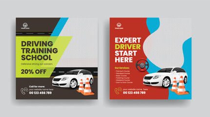 Car Driving school social media post, ad, banner template, rental service square flyer or poster design, 3D car illustration car repair and car washing web banner advertising design