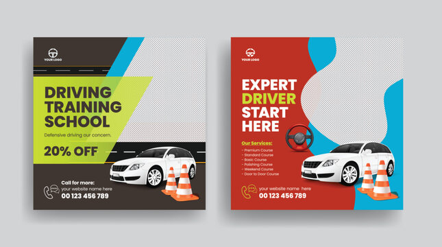 Car Driving school social media post, ad, banner template, rental service square flyer or poster design, 3D car illustration car repair and car washing web banner advertising design