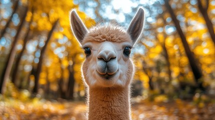 Obraz premium Close-up portrait of a curious alpaca in an autumnal forest.