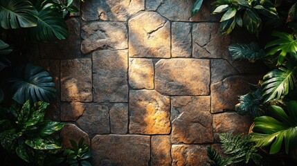 Sunlit stone pathway framed by lush tropical foliage.