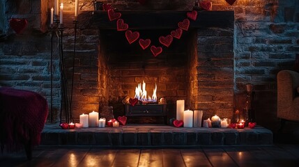 Obraz premium Romantic fireplace scene with flickering flames, surrounded by candles and heart decorations. Perfect for a cozy Valentine's Day evening.