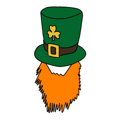 A hat with a clover and a red beard for St. Patrick's Day. A hand-drawn drawing