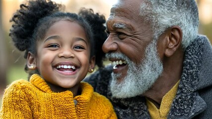 Grandfather and granddaughter share a joyful moment outdoors in autumn while wearing cozy sweaters