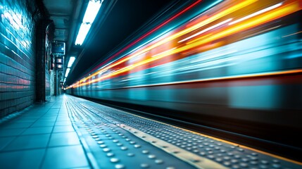 a train is moving through a tunnel with lights on it's side