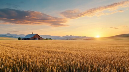 Fototapeta premium Serene Sunset Over Golden Wheat Field with Rustic Barn and Mountains in the Background