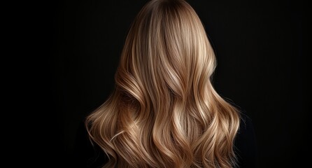 Naklejka premium A woman with long blonde hair is standing in front of a black background