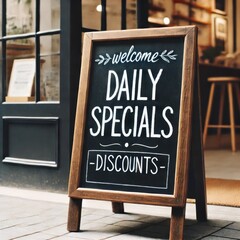 Rustic wooden-framed chalkboard with daily specials and discounts, set in a cozy cafe

Ключев