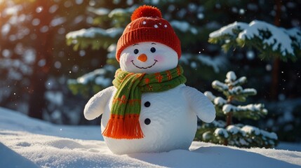 Obraz premium A snowman with a red hat and scarf is standing in the snow on forest background. The snowman has a happy expression on its face
