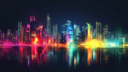 Vibrant Futuristic City Skyline with Neon Glow at Night