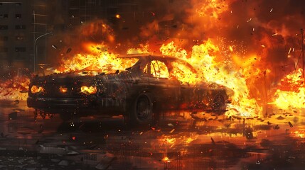 A car on fire with smoke and flames