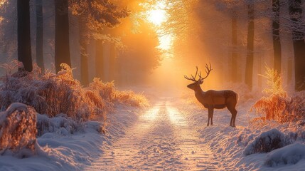 Majestic deer in snowy forest path at sunrise.